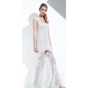Mignon Ivory Cap Sleeve Lace Gown Formal Dress